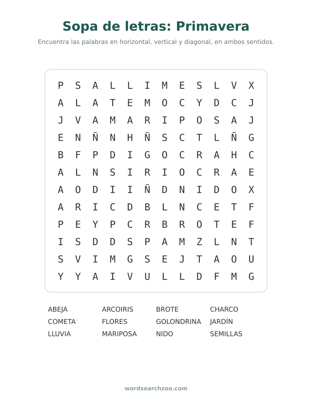 Sopa de letras de la primavera