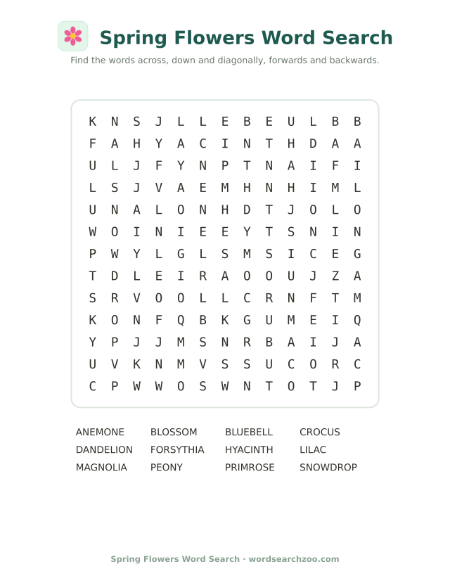 Spring flowers word search to print, a 13x13 grid with crocus, snowdrop, bluebell and forsythia
