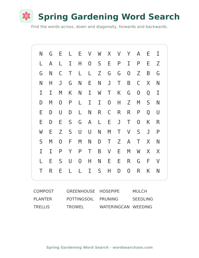 Spring gardening word search to print, a 13x13 grid with trowel, greenhouse and potting soil