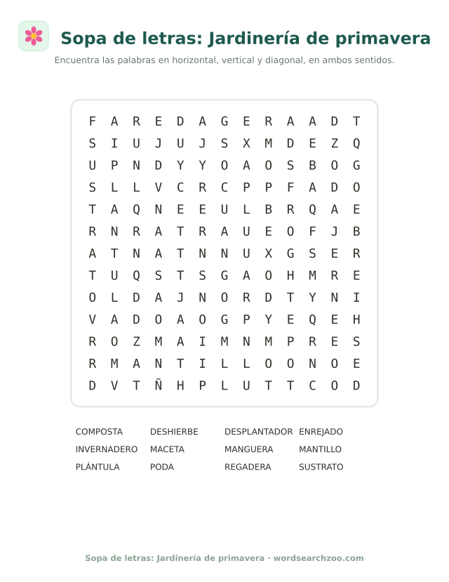 Sopa de letras de jardinería de primavera, tablero de 13x13 con desplantador, mantillo y plántula