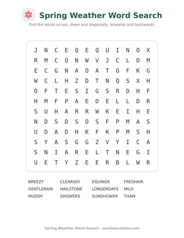 Spring weather word search to print, a 12x12 grid with showers, equinox and sun shower