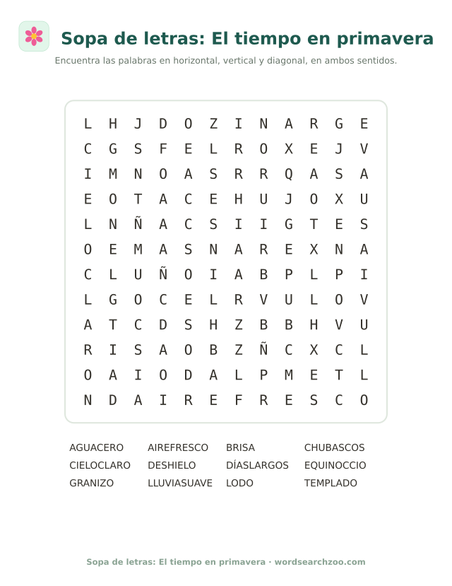 Sopa de letras del tiempo en primavera, tablero de 12x12 con chubascos, equinoccio y aguacero