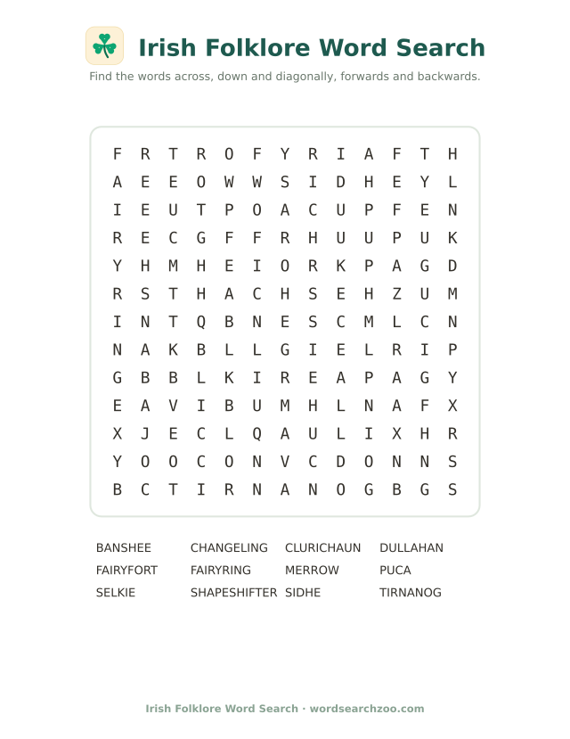 Irish folklore word search to print, a 13x13 grid with banshee, changeling and Tir na nOg