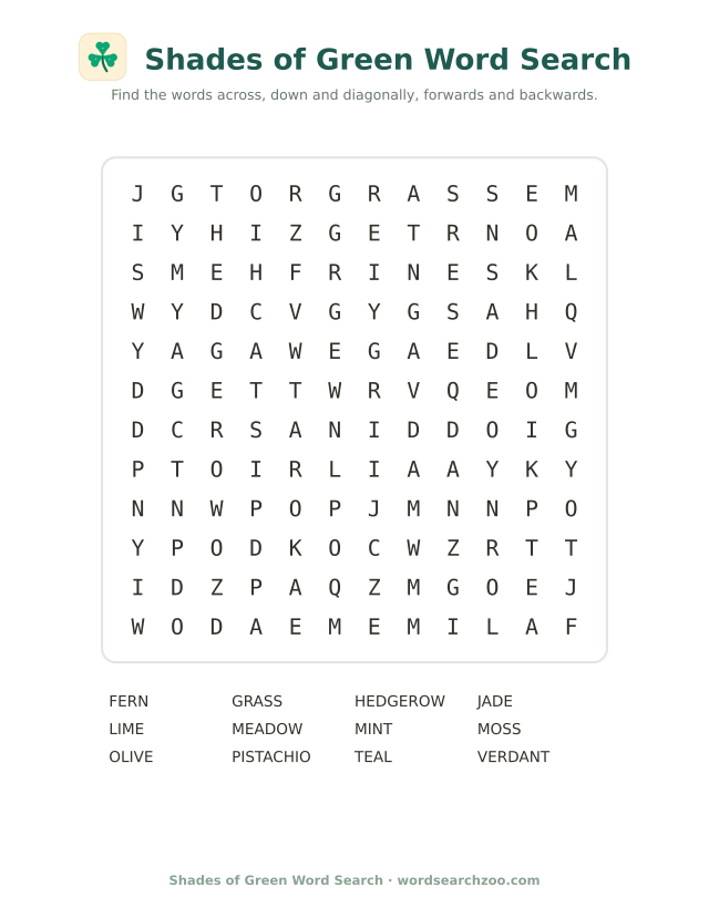 Shades of green word search to print, a 12x12 grid with moss, jade, teal and verdant