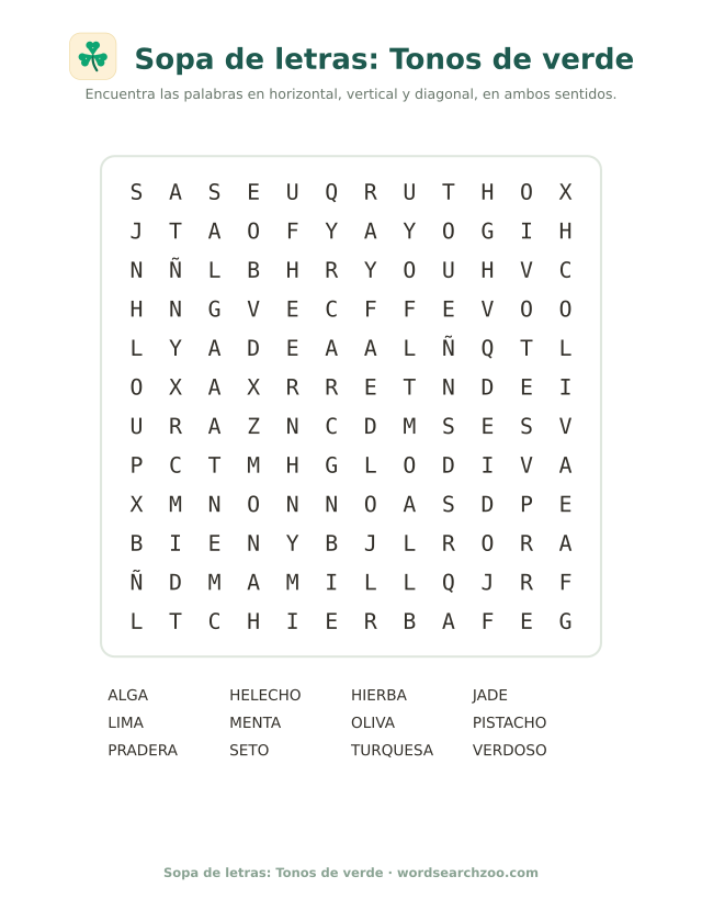 Sopa de letras de tonos de verde, tablero de 12x12 con helecho, oliva y turquesa