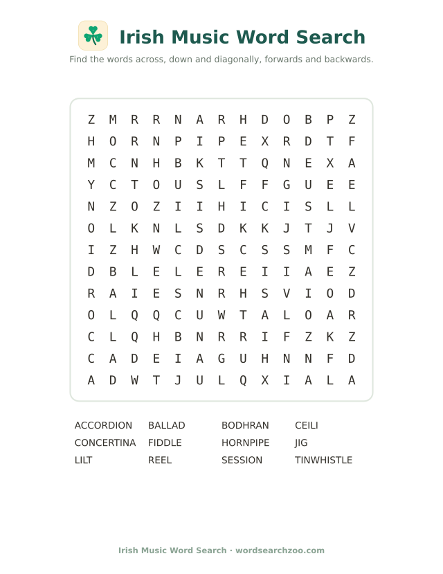 Irish music word search to print, a 13x13 grid with fiddle, bodhran and tin whistle