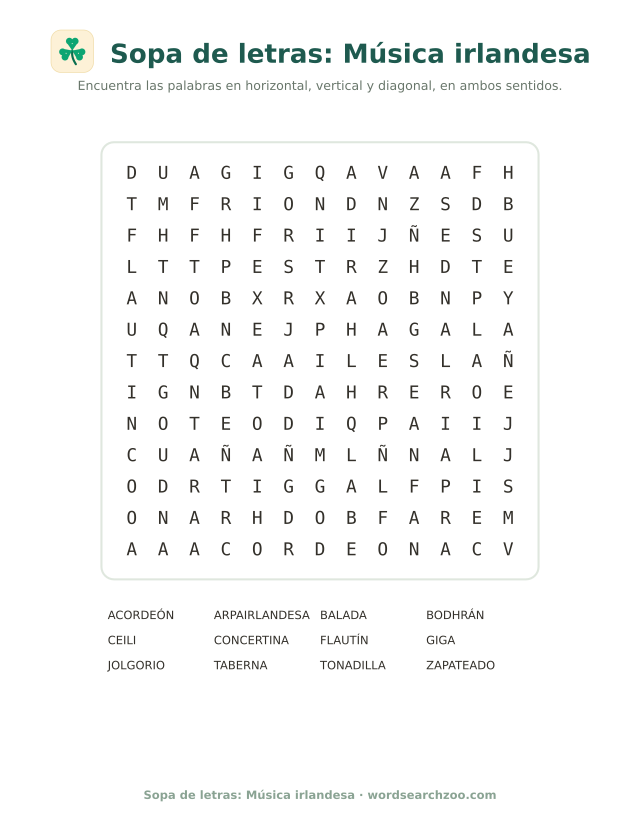 Sopa de letras de música irlandesa, tablero de 13x13 con bodhrán, giga y zapateado
