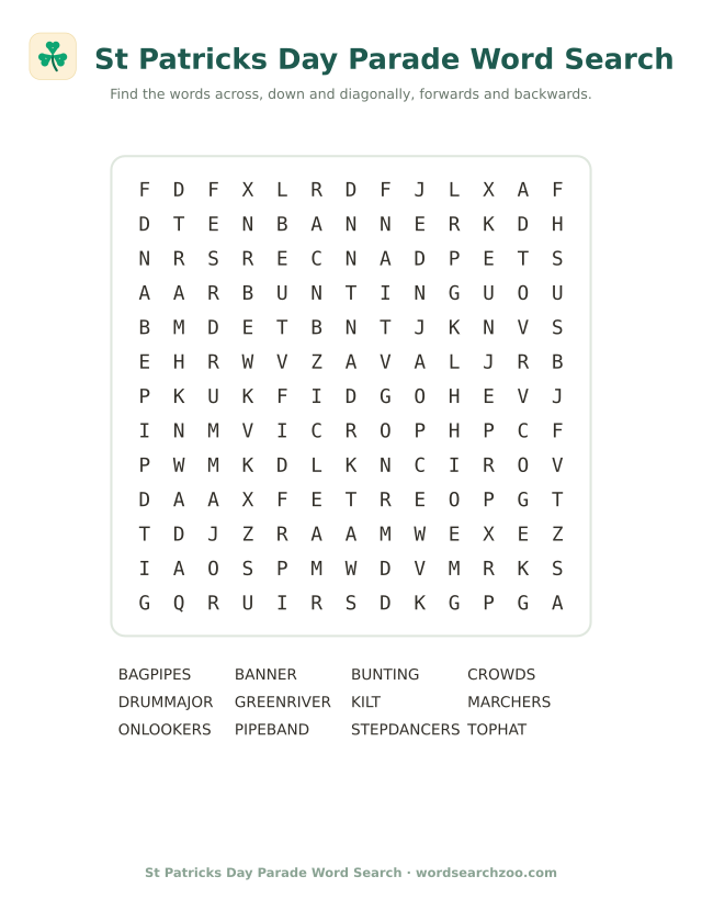 St Patricks Day parade word search to print, a 13x13 grid with bagpipes, pipe band and green river