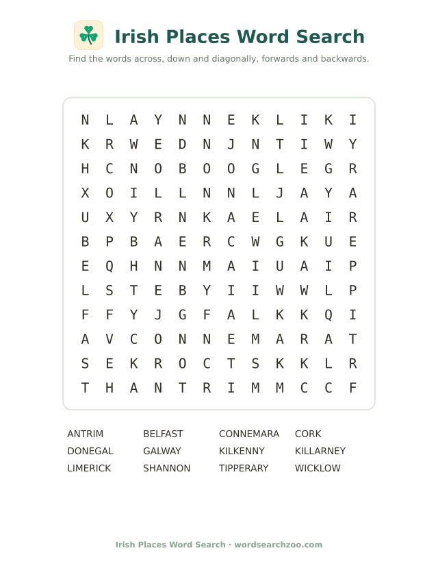 Irish places word search to print, a 12x12 grid with Connemara, Killarney and Tipperary