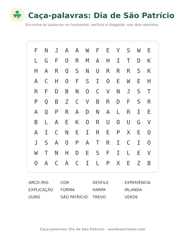 Caça-palavras: Dia de São Patrício