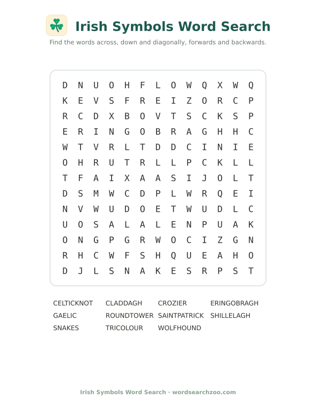 Irish symbols word search to print, a 13x13 grid with shillelagh, claddagh and round tower