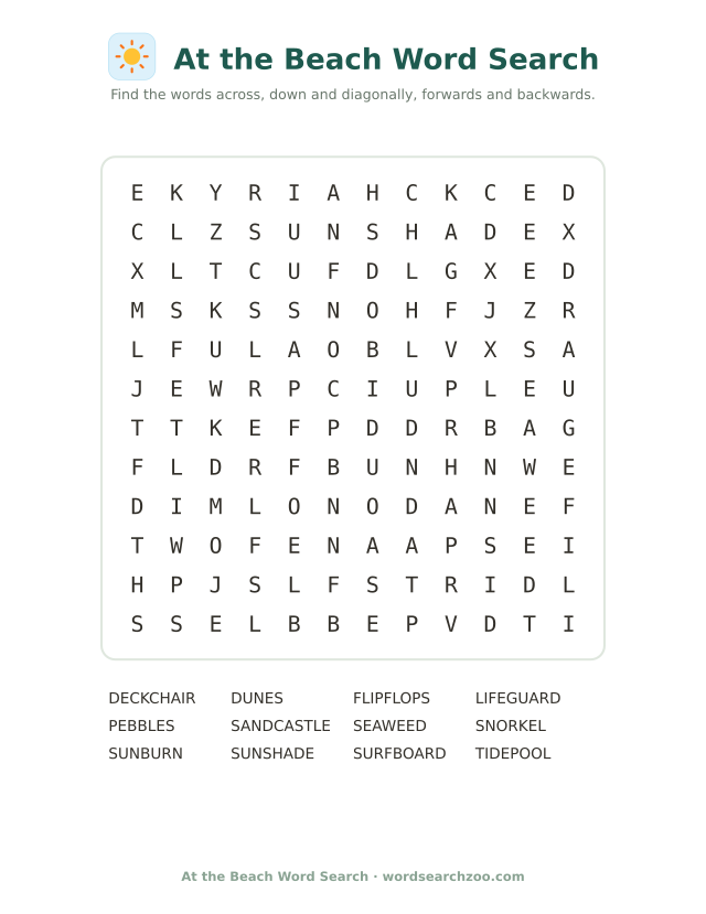 At the beach word search to print, a 12x12 grid with snorkel, tide pool and deckchair