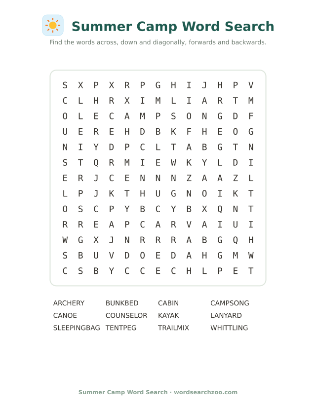 Summer camp word search to print, a 13x13 grid with canoe, lanyard, bunk bed and trail mix