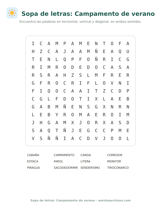 Sopa de letras de campamento de verano, tablero de 13x13 con piragua, litera y saco de dormir