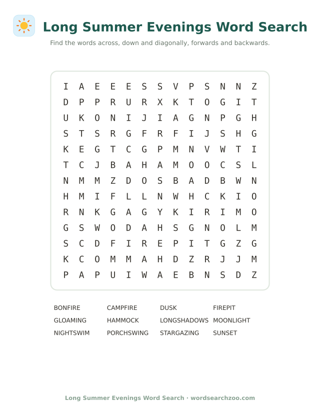 Long summer evenings word search to print, a 13x13 grid with gloaming, campfire and porch swing