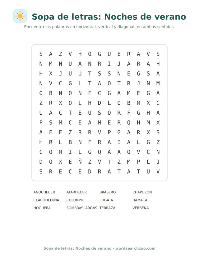 Sopa de letras de noches de verano, tablero de 13x13 con anochecer, hoguera y verbena