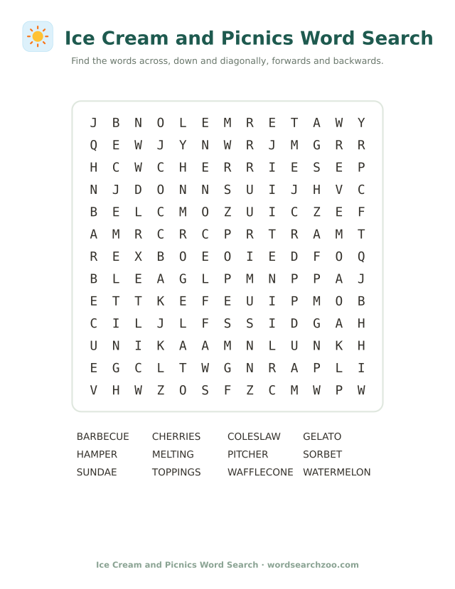 Ice cream and picnics word search to print, a 13x13 grid with sundae, waffle cone and watermelon