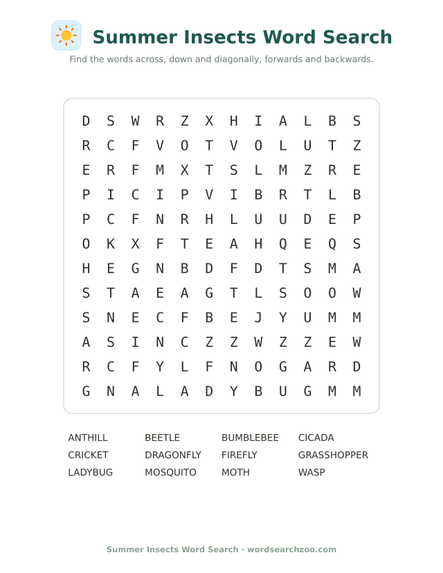 Summer insects word search to print, a 12x12 grid with dragonfly, cicada and firefly