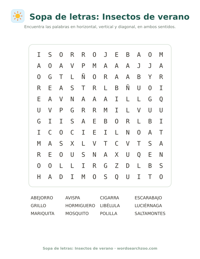 Sopa de letras de insectos de verano, tablero de 12x12 con libélula, cigarra y luciérnaga