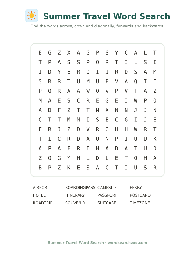 Summer travel word search to print, a 13x13 grid with passport, itinerary and boarding pass
