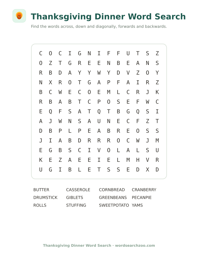 Thanksgiving dinner word search to print, a 13x13 grid with stuffing, cranberry and casserole