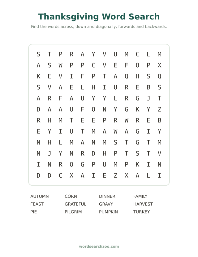 Thanksgiving word search
