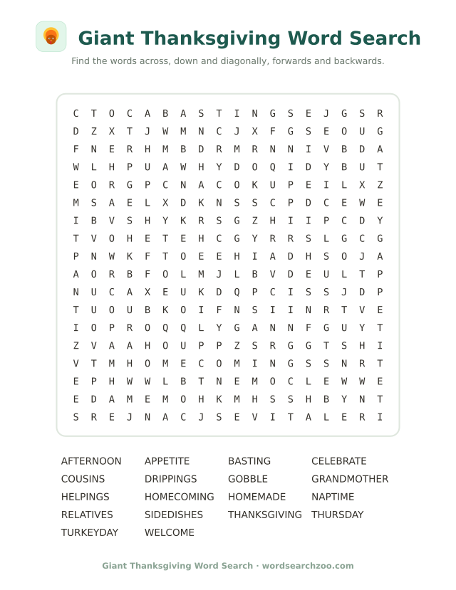 Giant Thanksgiving word search to print, an 18x18 grid with turkey day, drippings and homecoming