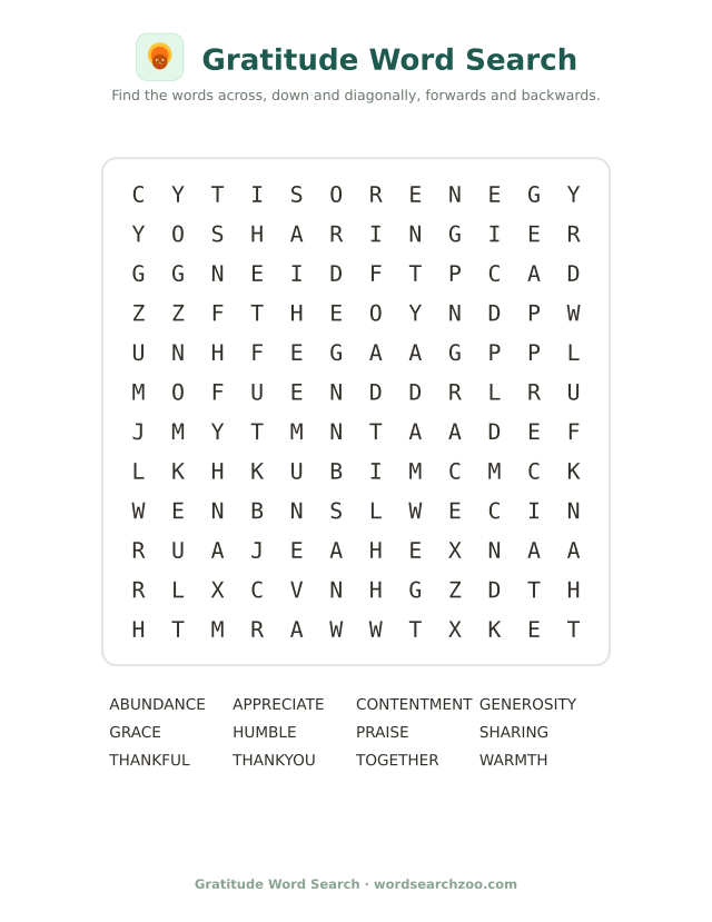 Gratitude word search to print, a 12x12 grid with thankful, generosity and contentment