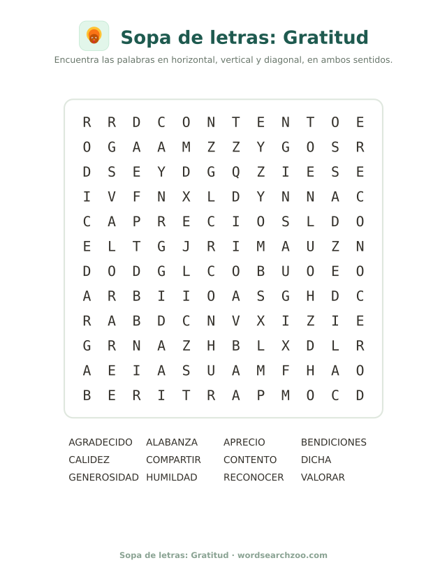 Sopa de letras de gratitud, tablero de 12x12 con agradecido, generosidad y bendiciones