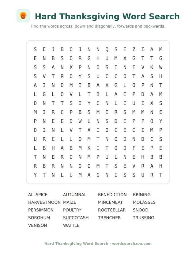 Hard Thanksgiving word search to print, a 15x15 grid with succotash, persimmon and root cellar