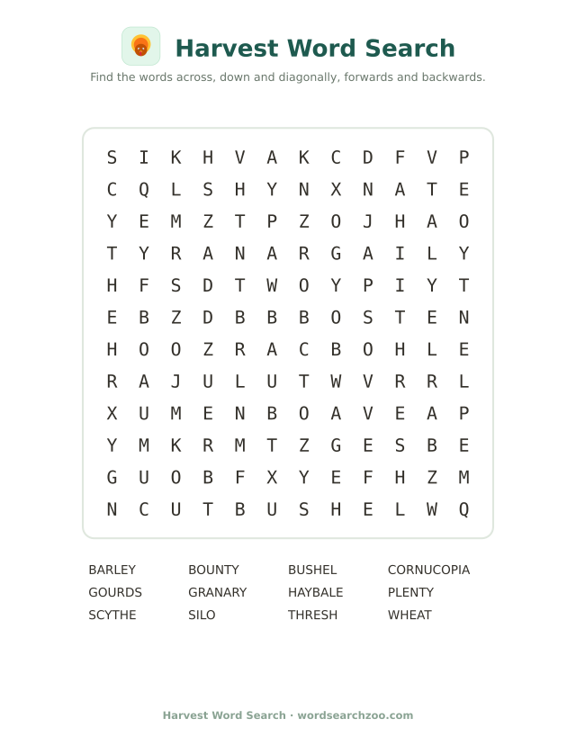 Harvest word search to print, a 12x12 grid with cornucopia, bushel, granary and scythe