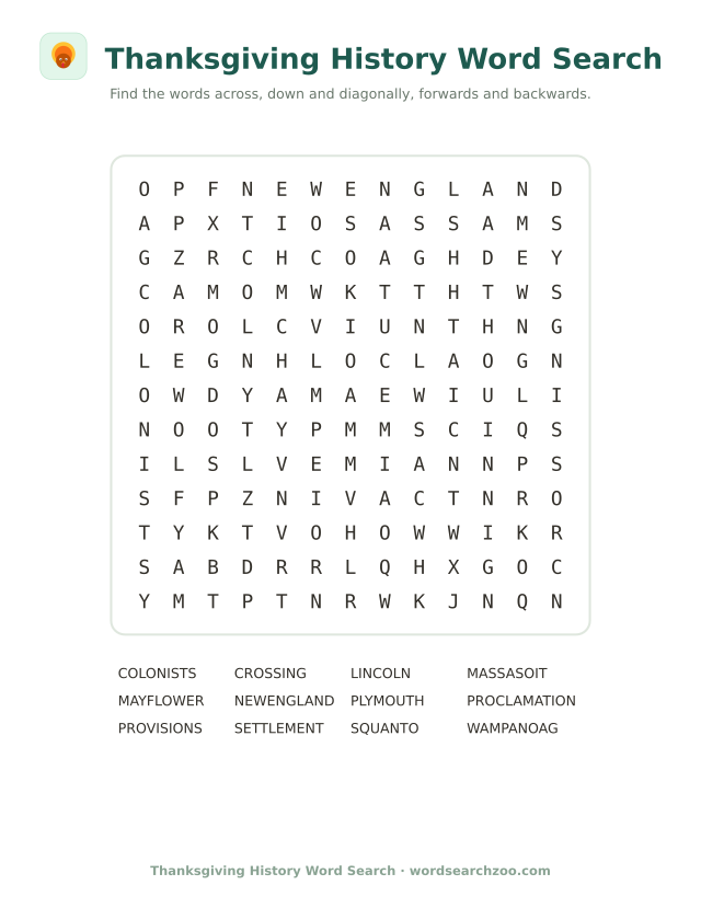 Thanksgiving history word search to print, a 13x13 grid with Mayflower, Wampanoag and Plymouth