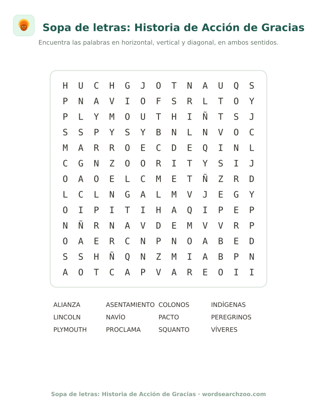 Sopa de letras de la historia de Acción de Gracias, tablero de 13x13 con peregrinos, colonos y Plymouth