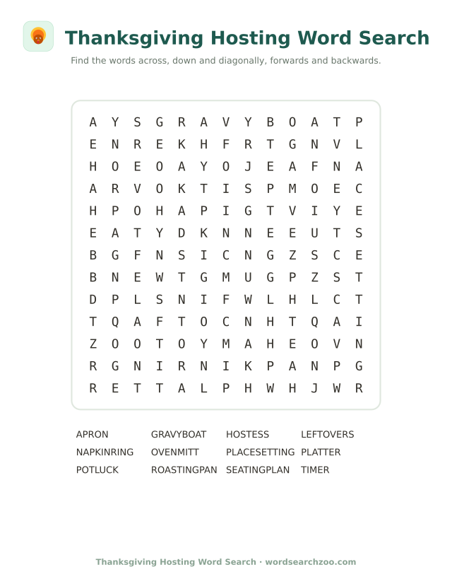 Thanksgiving hosting word search to print, a 13x13 grid with potluck, gravy boat and place setting