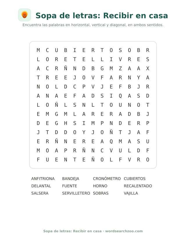 Sopa de letras de recibir en casa, tablero de 13x13 con anfitriona, salsera y cubiertos