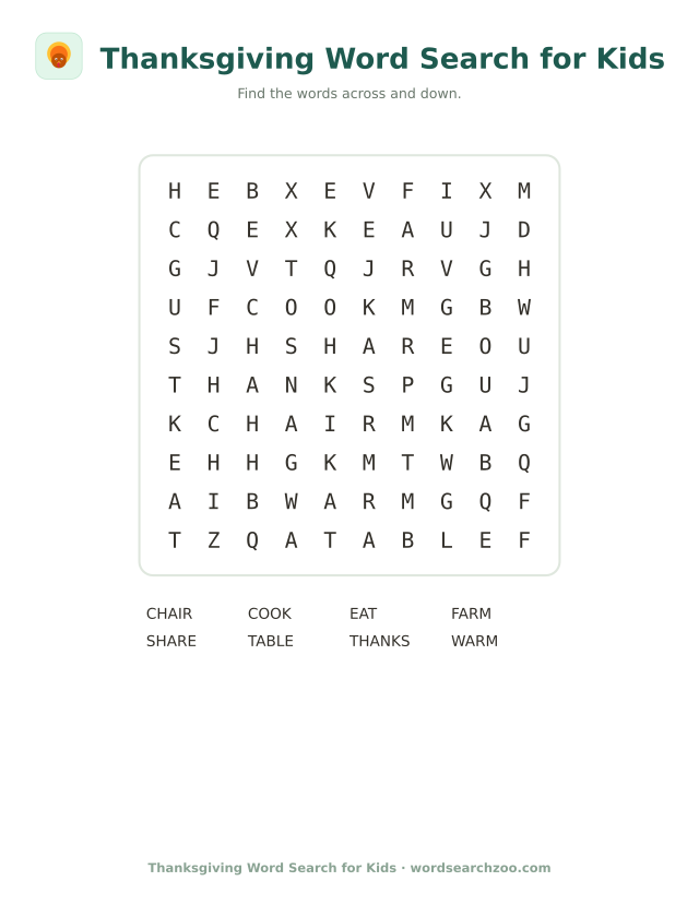 Easy Thanksgiving word search for kids to print, a 10x10 grid with cook, table, share and thanks