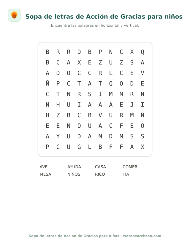 Sopa de letras de Acción de Gracias para niños, tablero de 10x10 con mesa, comer, ayuda y niños
