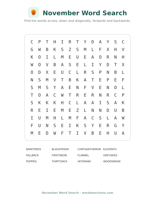 November word search to print, a 13x13 grid with Black Friday, chrysanthemum and bare trees