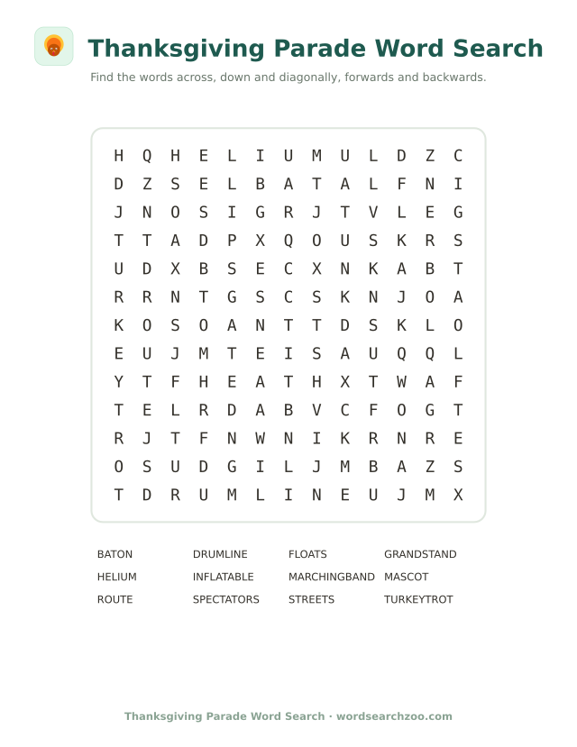 Thanksgiving parade word search to print, a 13x13 grid with floats, drumline and turkey trot