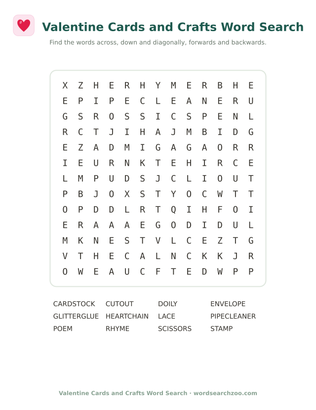 Valentine cards and crafts word search to print, a 13x13 grid with doily, pipe cleaner and cardstock