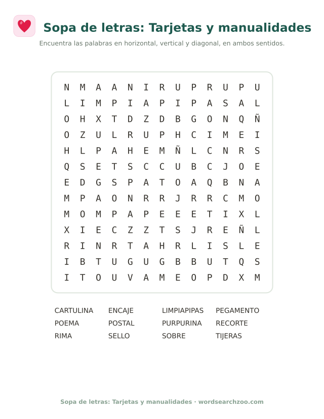 Sopa de letras de tarjetas y manualidades, tablero de 13x13 con cartulina, encaje y purpurina