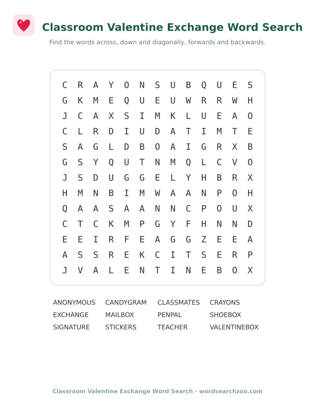 Classroom valentine exchange word search to print, a 13x13 grid with valentine box, candygram and mailbox