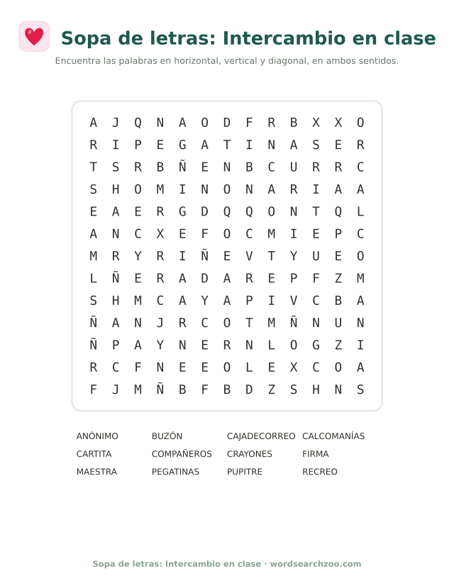 Sopa de letras del intercambio en clase, tablero de 13x13 con buzón, calcomanías y pupitre