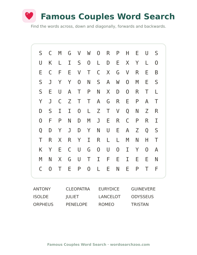 Famous couples word search to print, a 13x13 grid with Tristan, Isolde, Orpheus and Eurydice