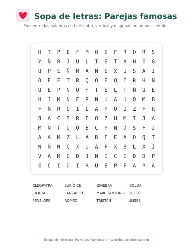Sopa de letras de parejas famosas, tablero de 13x13 con Tristán, Isolda, Orfeo y Eurídice