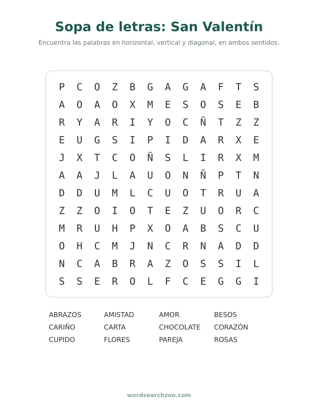Sopa de letras de San Valentín