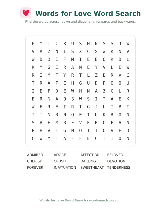 Words for love word search to print, a 13x13 grid with devotion, tenderness and infatuation