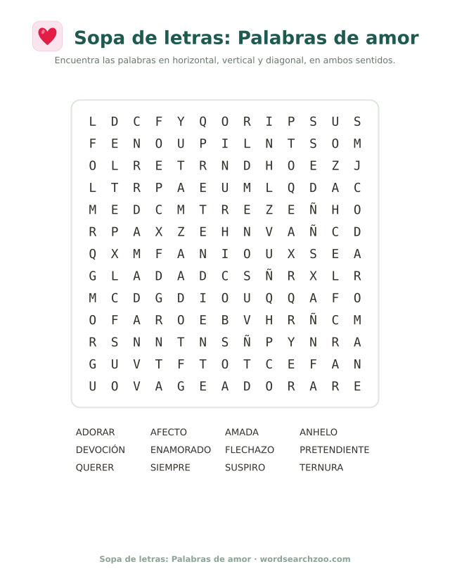 Sopa de letras de palabras de amor, tablero de 13x13 con devoción, ternura y flechazo