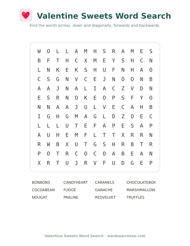 Valentine sweets word search to print, a 13x13 grid with truffles, ganache and praline