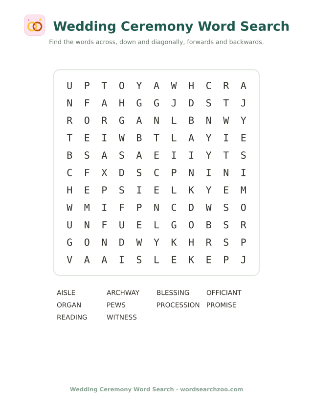 Wedding ceremony word search to print, an 11x11 grid with aisle, procession and officiant
